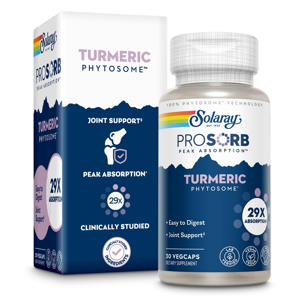 SOLARAY ProSorb Supplément curcuma Phytosome 500 mg - 29X Supplément curcuma curcuma à absorption élevée pour le soutien de santé conjoint - Curcumine facile à digérer, végétalien, garantie de 60 jours, 30 portions, 30 capsules