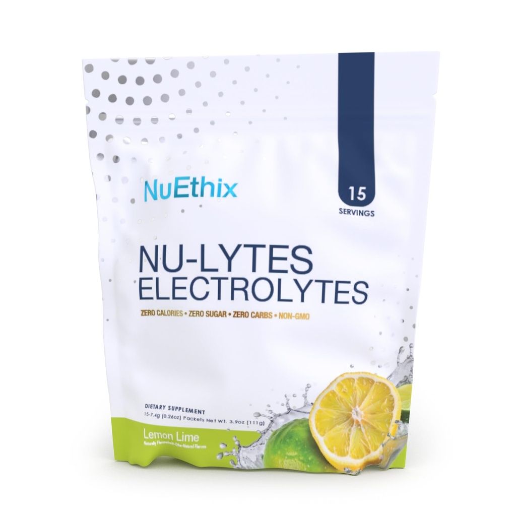 NuEthix Formulations NU-LYTES Electrolytes Packets d'hydratation, Calories Zéro, Sucre Zéro, Carbes Zéro, Non-OGM, Electrolytes Packets de poudre, Glycogen Rechargement, 15 portions (Lime Lemon)