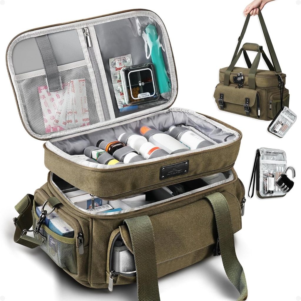 ARCFOX Medizin Aufbewahrungstasche mit Schloss, Vintage Canvas Große Säule Flasche Organizer für Männer, Double Layers Medication Storage mit tragbaren Reisetasche Schulterriemen Griffe, Army Green
