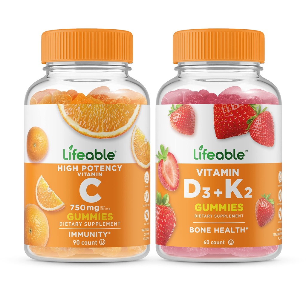 Lebensfähiges Vitamin C 750mg + Vitamin D3 + Vitamin K2, Gummis Bundle - Große Verkostung, Vitaminergänzung, Glutenfrei, GVOfrei, Kaugummi