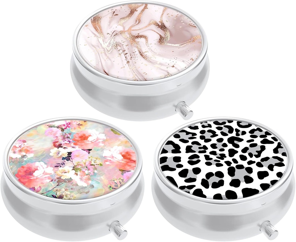 3 confezione scatola di pillole, piccolo caso di pillole per il borsellino e tasca, organizzatore di medicina di viaggio carino, contenitore di medicina portatile per tenere vitamine, farmaci, olio di pesce e supplemento, fiori rosa Leopard