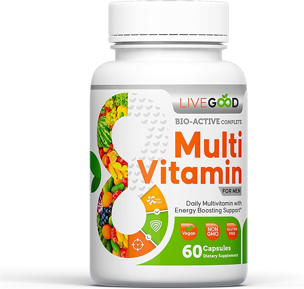 Multivitamina completa di Bioattività degli uomini di LiveGoodTM, supplemento giornaliero con vitamina A, B12, C, E, Lycopene, Vegan, 60 capsule
