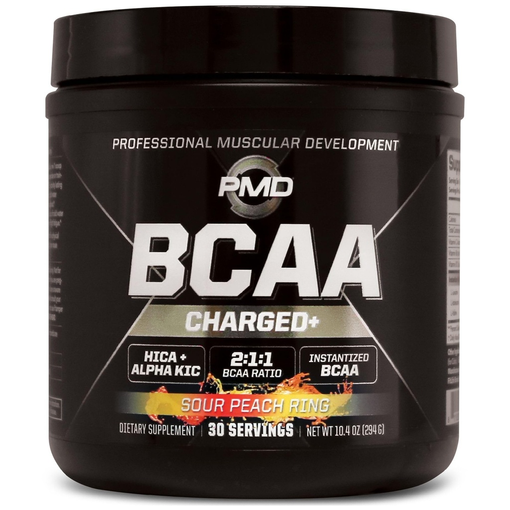 PMD Sports BCAA Charged Delicious Amino Acid Drink Mix for Performance and Recovery - Erhöhung der Muskelfunktion für Workout und tägliche Energie - Sauer Peach Ring (30 Servierungen)
