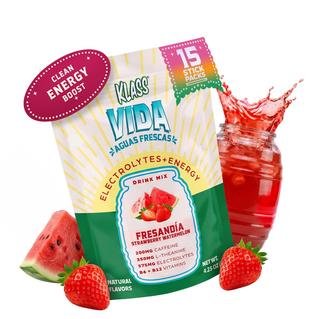 Idratazione + Energy Electrolyte Drink Mix – Fragola Watermelon Agua Fresca Flavor | Polvere senza zucchero con caffeina, L-teanina, Coconut Water & Minerals | 15 pacchetti Stick Single-Serve