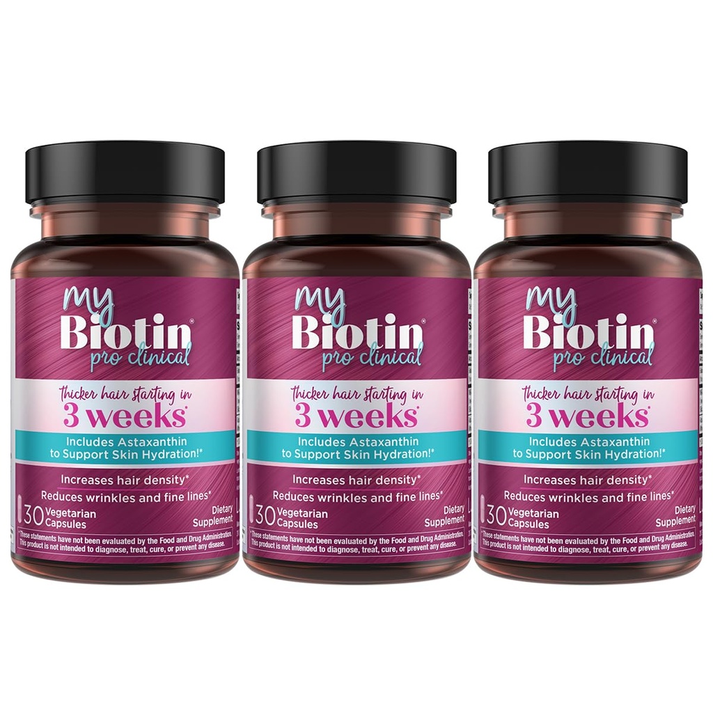 Prodotti di purezza MyBiotin ProClinical – Capelli Thicker A partire da 3 settimane e combattimenti rughe - MB40X Brevettato Biotin Vitamina B7 Matrix w/Astaxanthin - 40X Più solubile vs Biotina ordinaria, 90 capsule di Veg