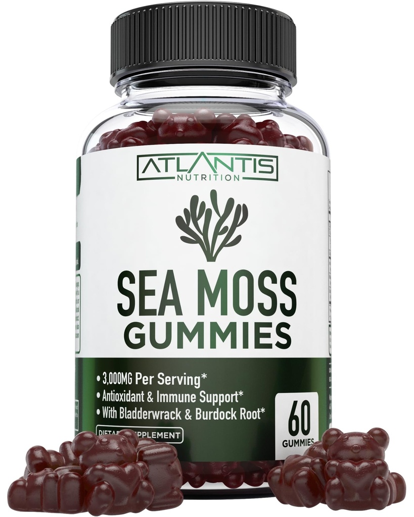 Irish Sea Moss Gummies - 3000MG - Formulato w/ Irish Sea Moss, Bladderwrack & Burdock Root, Contiene vitamina essenziale & Mineral - Antiossidante-Rich Superfood Supplement, 60 Sea Moss Gummies per adulti