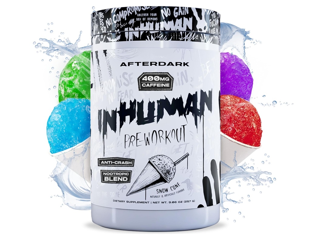 AFTERDARK INHUMAN Pre-Workout-Pulver, Enhanced Mind-Muscle Connection, Sustained Energy, Potent Nootropic Blend, Vegan, Glutenfrei, Soy-Free, 400mg Koffein, kein Crash, SnowCone