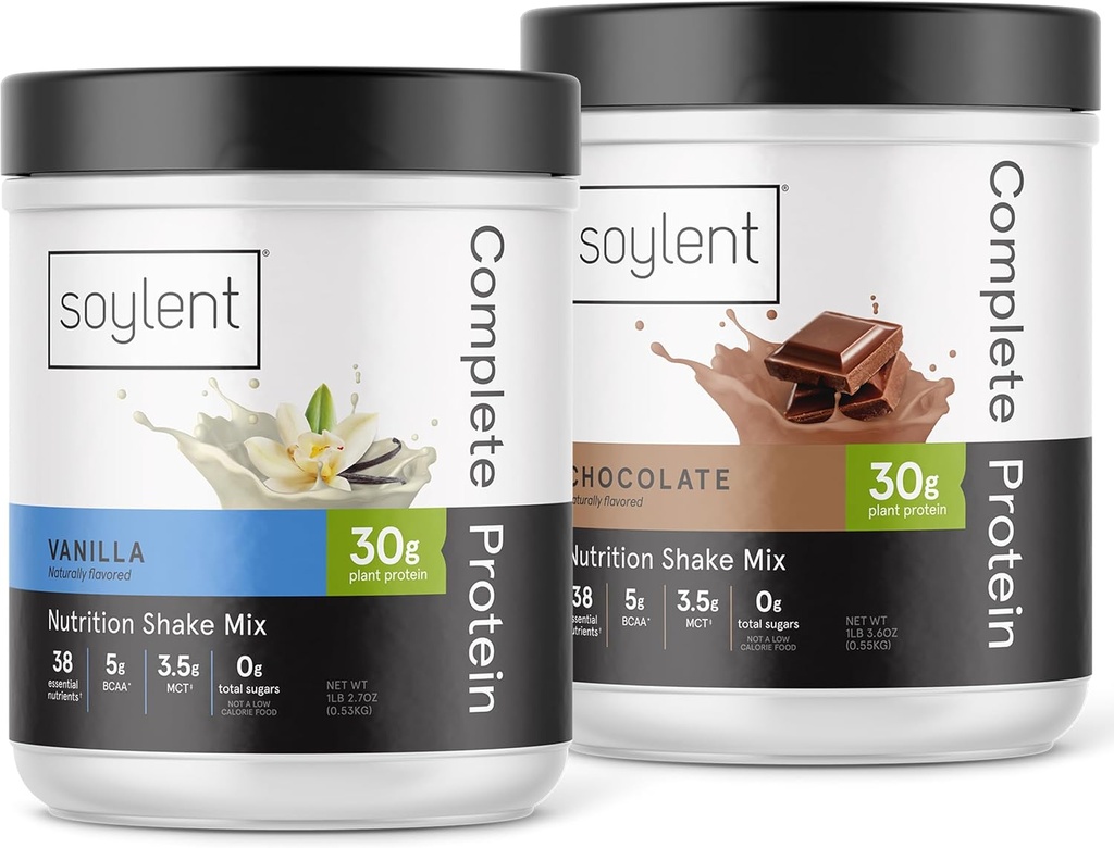 Bundle of Soylent Protein Powder, 30g Protein Shake for Muscle Growth and Recovery, Zero Sugar, Gluten Free, Vegan - Vanilla & Chocolate (due vasche da 1,25LB)