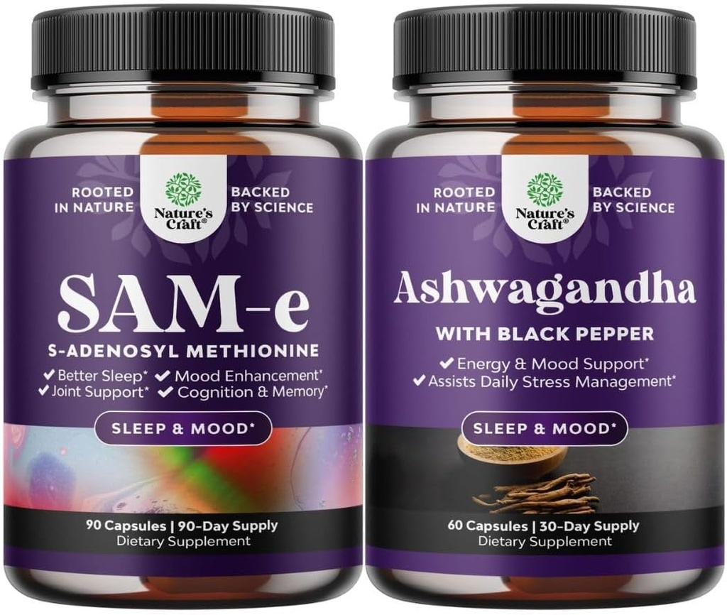 Bundle of Pure SAM-E Nootropic Brain Supplement and Mood Enhancer Organic Ashwagandha Capsules - Integratore di supporto del cervello - Concentrazione di energia tiroide e supporto surrenale