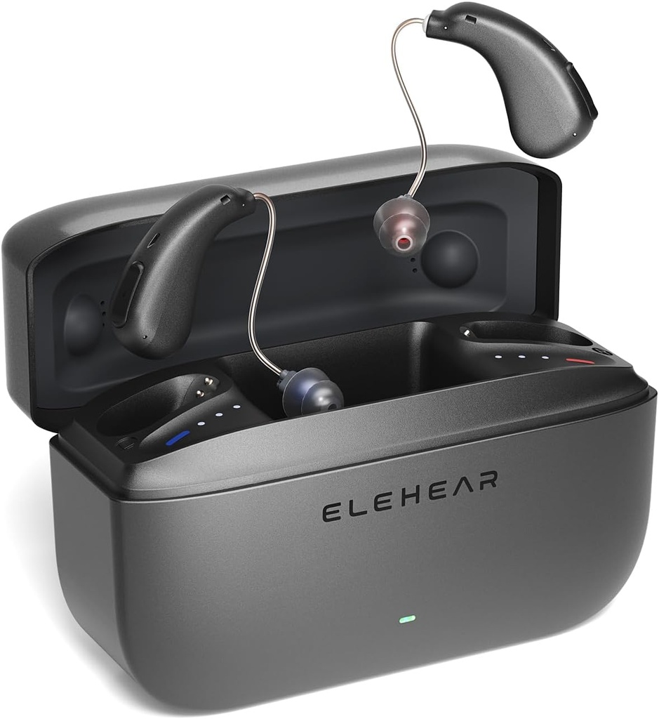 Alpha Hörgeräte, AI Noise Stornierung OTC Hörgeräte für Senioren & Erwachsene, Super Clear Sound, langlebige Batteriebetriebene wiederaufladbare Hörgerät, 4 Modi, Metallic Dark Grey