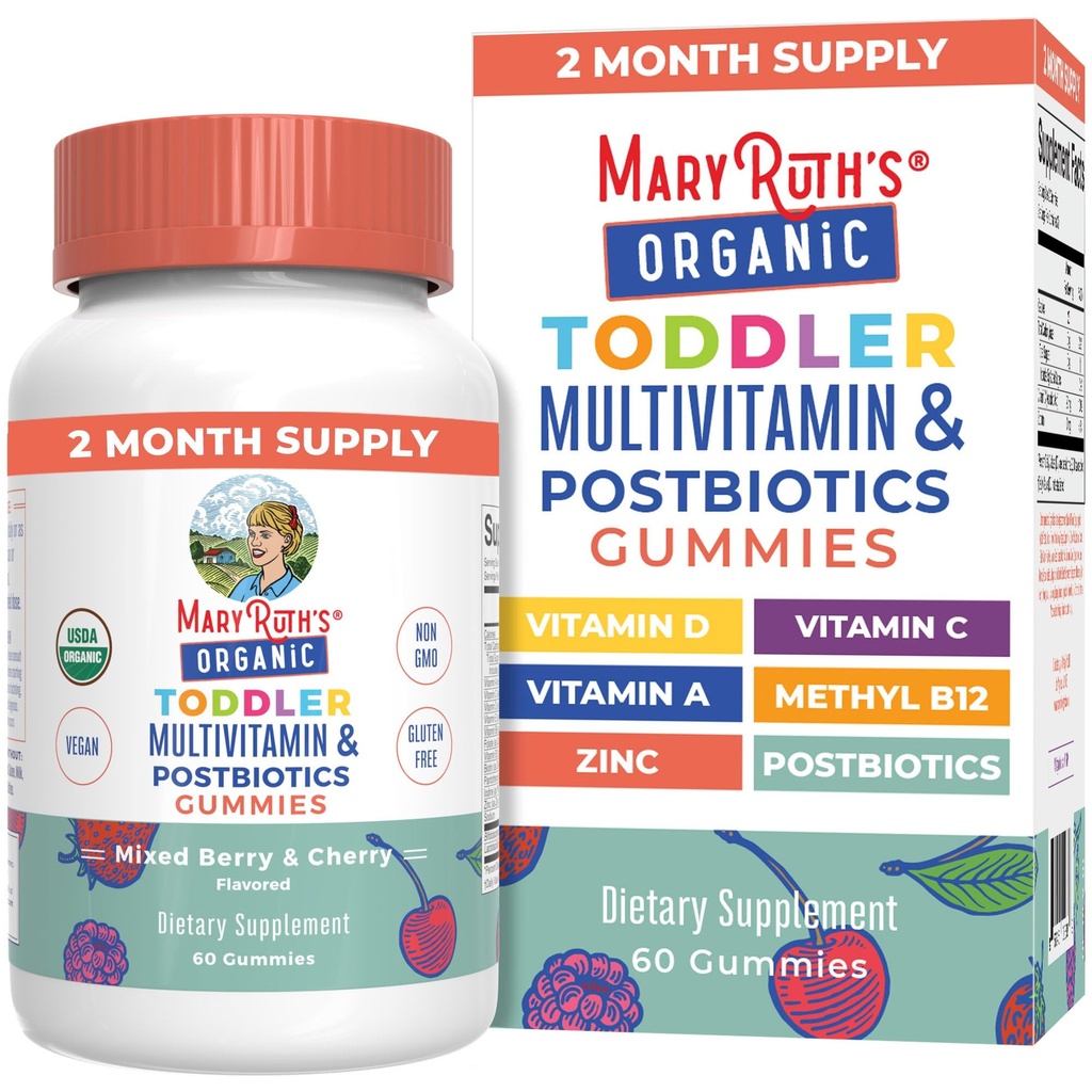MaryRuth Organics Allaitement Multivitamine Gummies + Postbiotiques , USDA Organic , Vitamines pour les enfants 2 ans et plus Soutien immunitaire , Vitamine C , Vitamine D3 , Vitamine A , Zinc , Vegan , non-OGM 60 portions