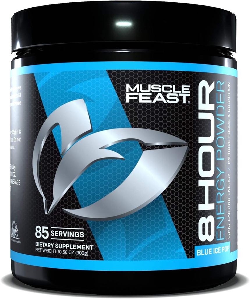 Festa del muscolo 8 ore di energia Keto-Friendly Zucchero-Free Zero Calorie Pre-allenamento, Blue Ice Pop, 300g