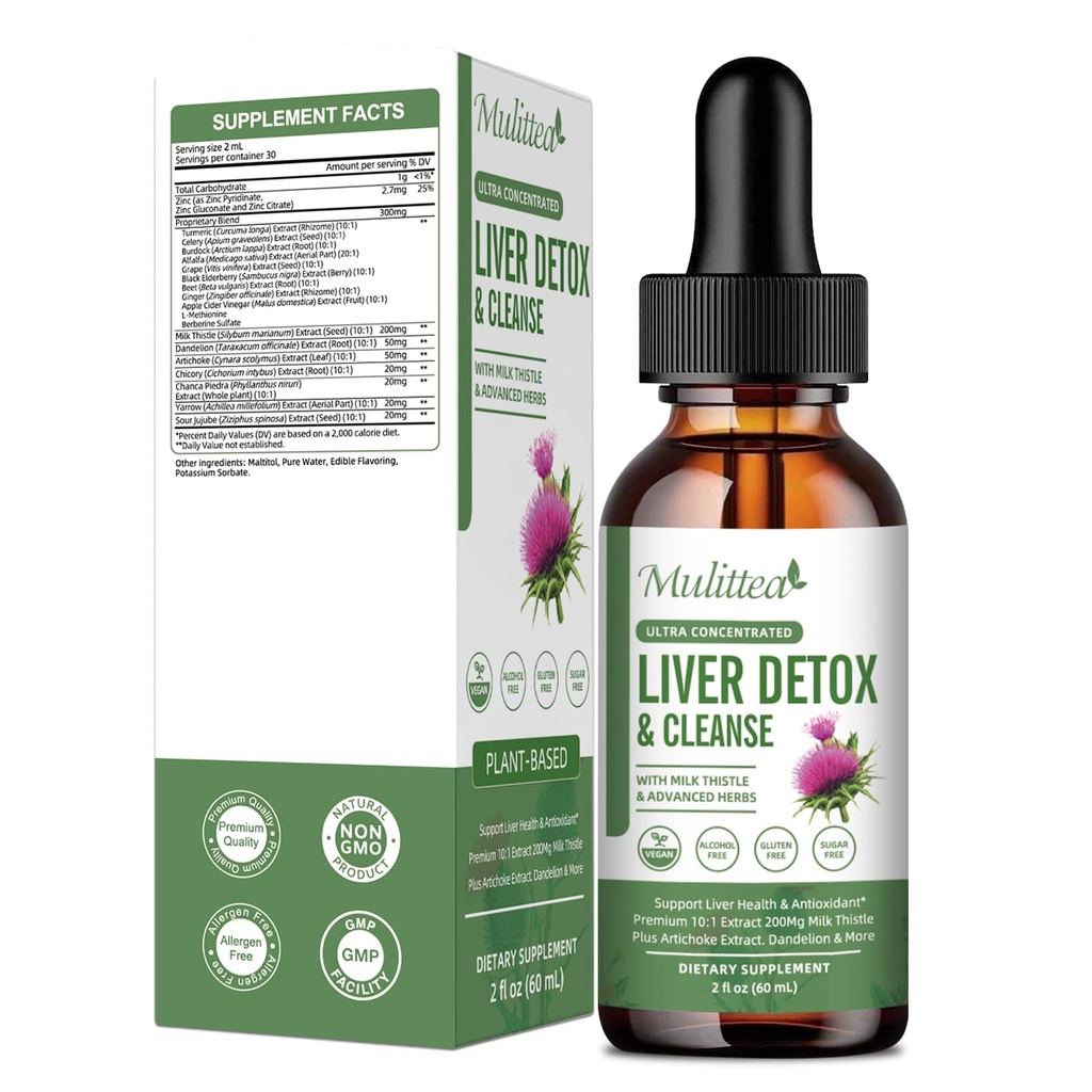 Santé du foie et gouttes de drainage lymphatique -Supportez la désintoxication du foie et la réparation avec le chardon de lait d'artichaut Extrait silymarin, dandelion, curcuma, berbère à renouveler w/21 Potent Herb-Nutrients-60ml