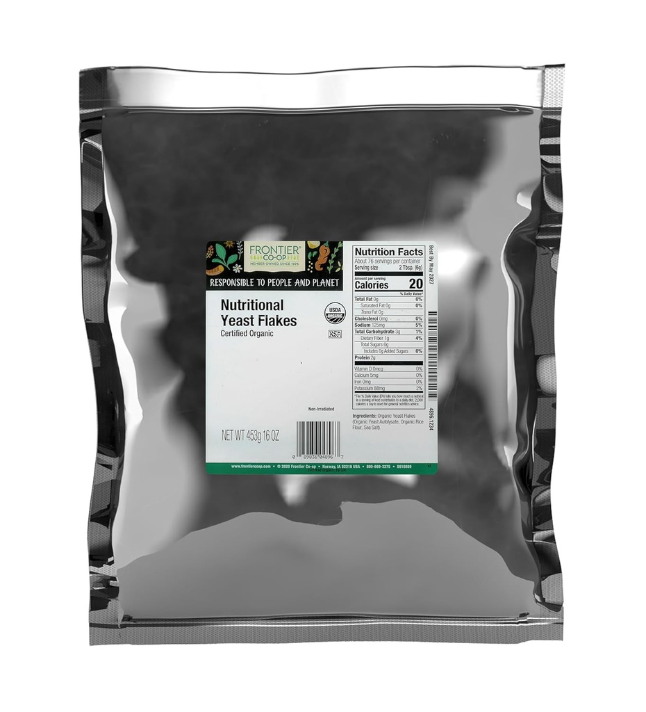 Frontier Co-op Flakes de levures alimentaires biologiques, 16 oz, sac en vrac - Vitamines B essentielles, non irradiées, levure casher - substitut du fromage parmesan