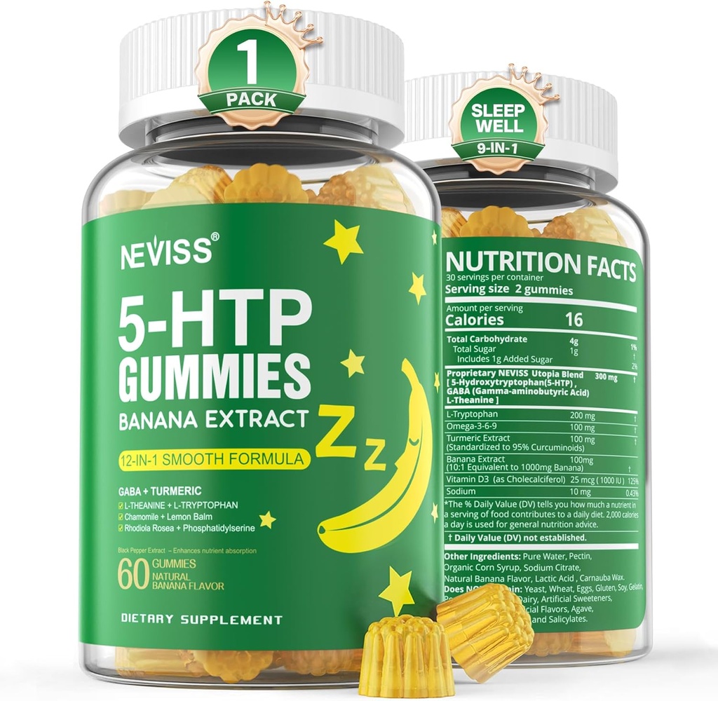 NEVISS 1Pack 5-HTP Gummies + GABA - Melatonin Free - Gommie di rilassamento con estratto di banana, L-teanina, L-Tryptophan, vitamina D3 per il ciclo di riposo sano & Rhythm circadian, Funzione di pancia e relax muscolare