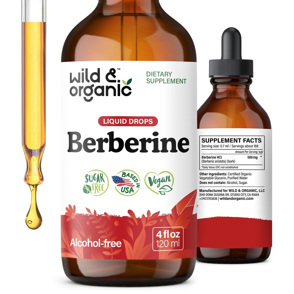 Wild & Bio Berberine gouttes 500mg - Supplément Berberine liquide HCL pour le soutien global - Teinture d'extrait pur - végétalien, alcool et sans sucre - 4 fl oz