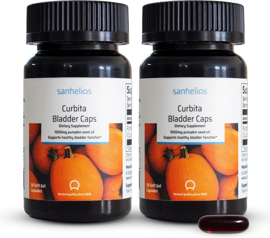 Sanhelios Curbita Bladder Caps Pumpkin Seed Oil 1.000mg - Funzione di supporto per la vescica sana per gli uomini e le donne - Non-OGM, senza zucchero, senza conservativo, senza glutine - 60 capsule - 2 Pack