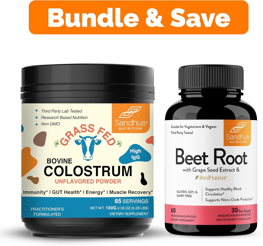Sandhu's reine Bovine Colostrum Pulver-Ergänzung für Humans & Beet Root Powder mit Bioperine Capsules| unterstützt Immun-, Gut-, Muskel- und Gesunde Energiestufen