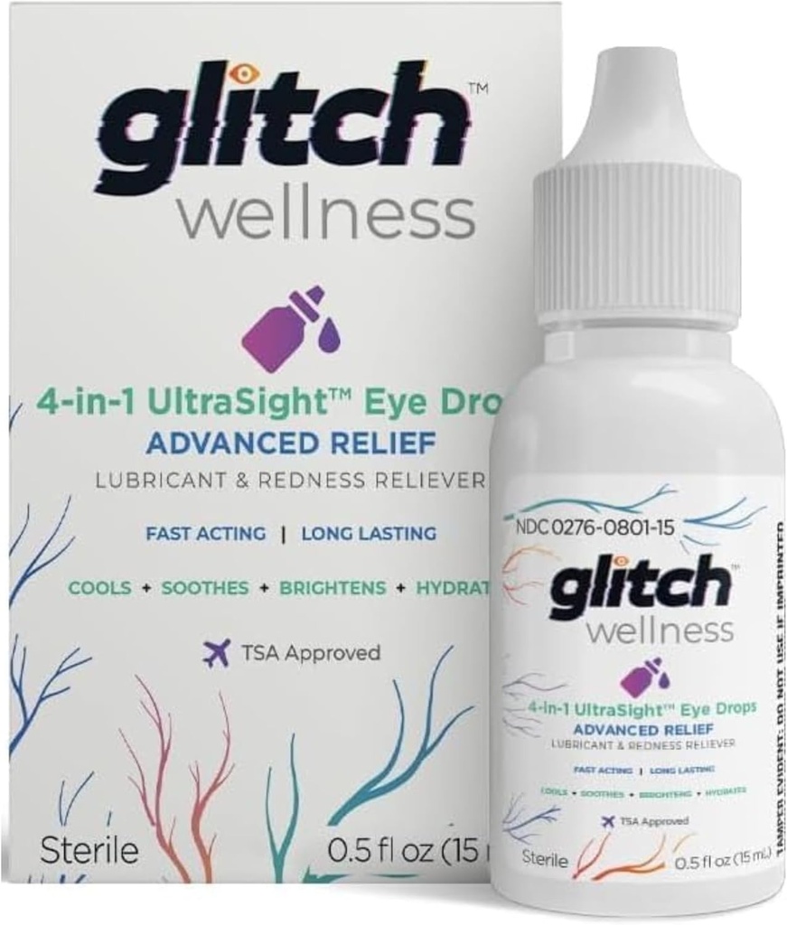 Glitch UltraSight gouttes oculaires pour les yeux secs 15mL - 4 en 1 Soulagement avancé gouttes oculaires sèches - Confort toute la journée avec hydratation, brillance, refroidissement - Apaisant efficacement Irritation et sécheresse - 0,5 Fl Oz