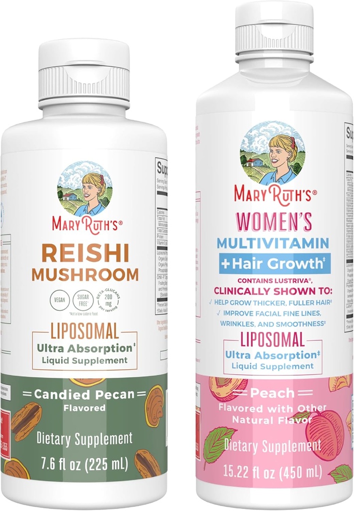 MaryRuth Organics Reishi Liposomal (Candied Pecan) & Multivitamin + Hair Growth (Peach) | Clean Label Project Verified® | Vitamine per Immunità, Bellezza &amp; Benessere generale | Vegan, Senza glutine