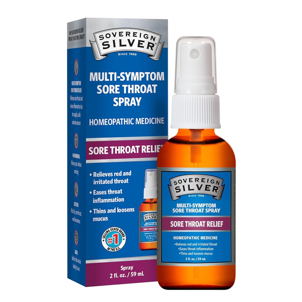 Sovereign Silver Sore Throat Spray - Kolloidal Silver Throat Spray, Immununterstützungsergänzung für Erwachsene und Kinder, Tägliche Verwendung Liquid Argentum Nitricum Solution - 2 fl oz (59mL)
