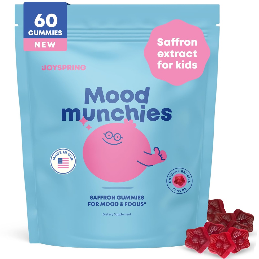 JoySpring Mood Munchies Saffron Gummi für Kinder 4+ | Saffron Extract Supplement mit GABA, Passion Flower & St Johns Wort | Sugar Free Vegan Brain Support & Kids Focus Gummies | Gefertigt in USA
