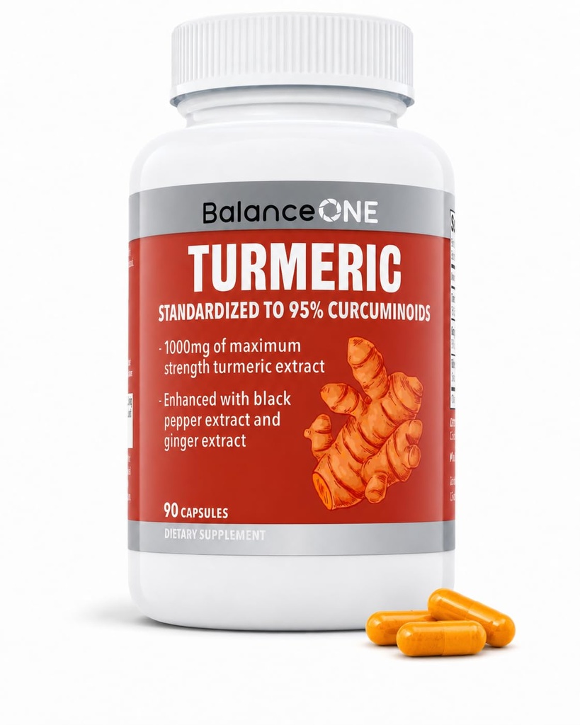 Balance ONE Turmeric Extract 1000mg mit Max Strength 95% Curcuminoids - Turmeric Curcumin Supplement für Joint Comfort & Antioxidant Support - Ginger Extract und BioPerine - 1 Monat Versorgung
