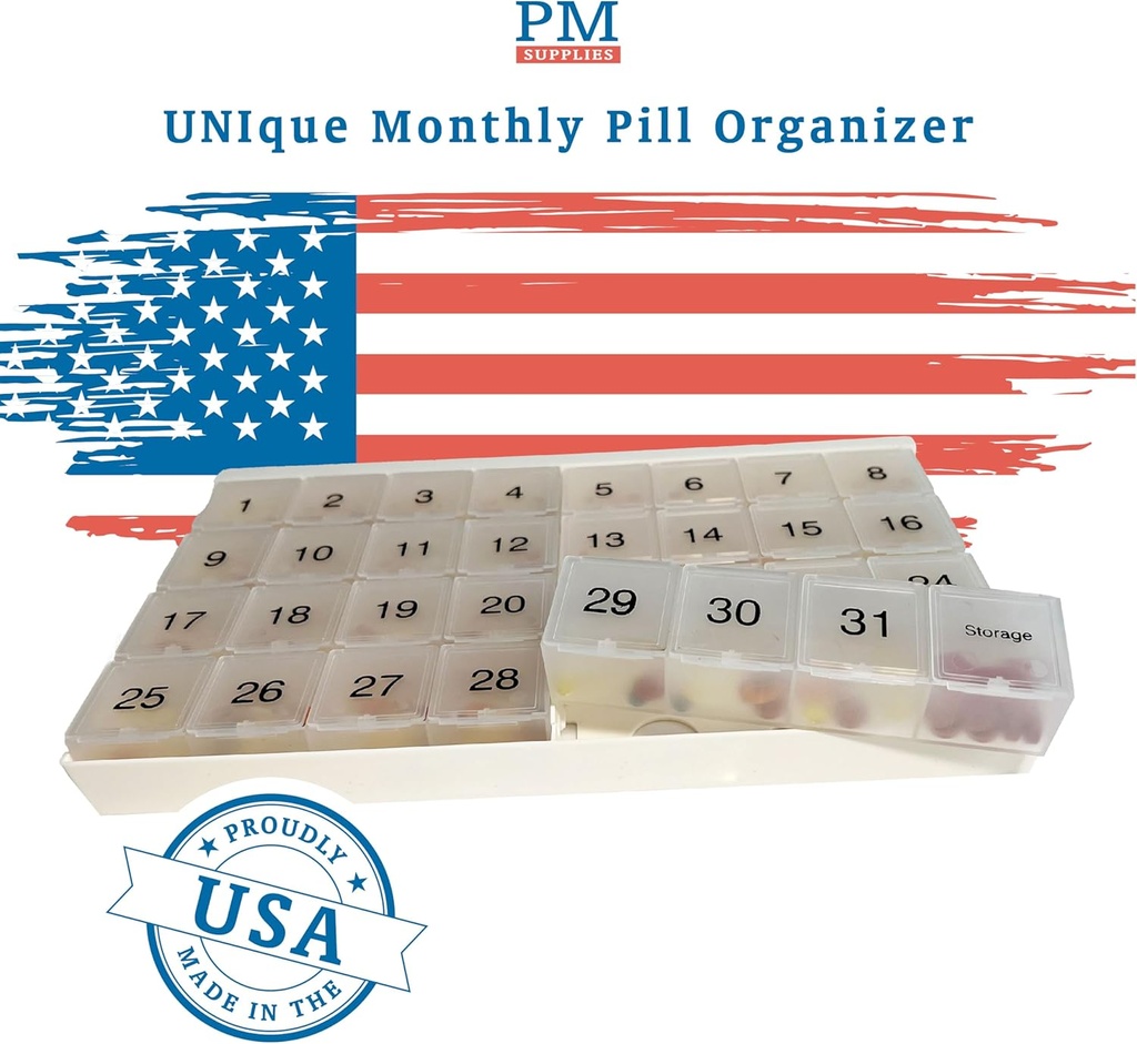 Unique XL Monthly Pill Organizer avec 31 compartiments, 1 par jour, 4 semaines Mois complet 31 Jour Pill Organizer, Inclut le plateau et 8 grands compartiments amovibles