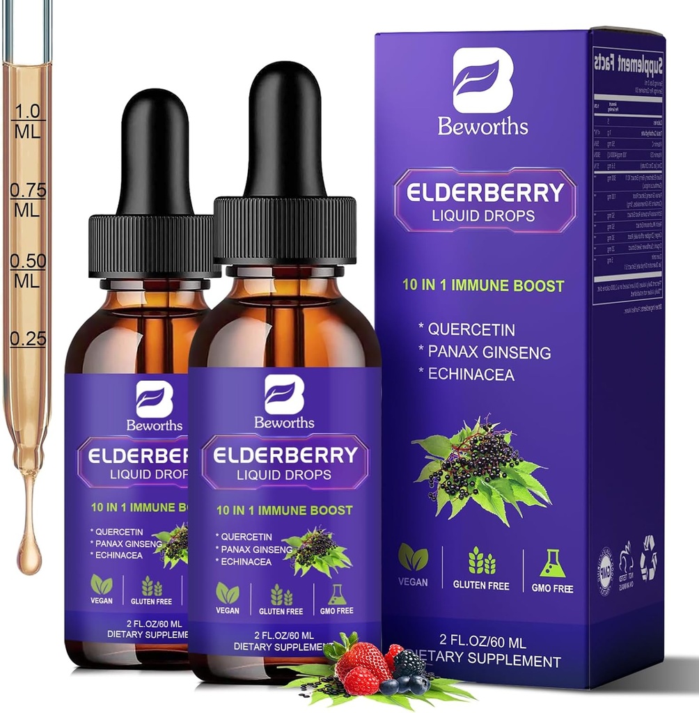 2 pack Sirop de baies aînées, gouttes de baies aînées noires avec Quercetin, Panax Ginseng, vitamine C et zinc, Sambucus Sirop de baie aînée liquide pour le soutien immunitaire, végétalien, non-OGM et sans gluten