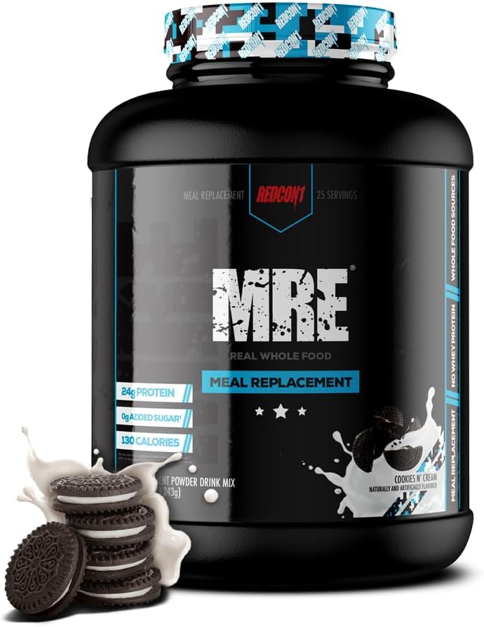 REDCON1 MRE Protein Powder, Cookies N' Cream - Meal Replacement Protein Blend Made with MCT Oil & Whole Foods - Protein mit natürlichen Inhaltsstoffen zur Hilfe bei der Muskelgewinnung (25 Servietten)