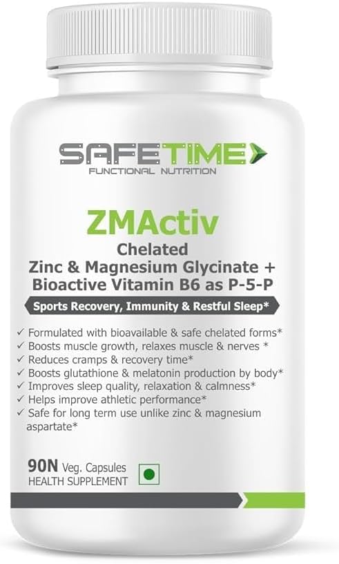 Safe.TIME ZMActiv Zinc Glycinate, Magnesium Glycinate, Active Form Vitamin B6 P5P, Sports Recovery, Restful Sleep, Immunity, Glutathione Booster, Biodisponibile, Sicuro (1 Quantità - 90 Veg Capsules)