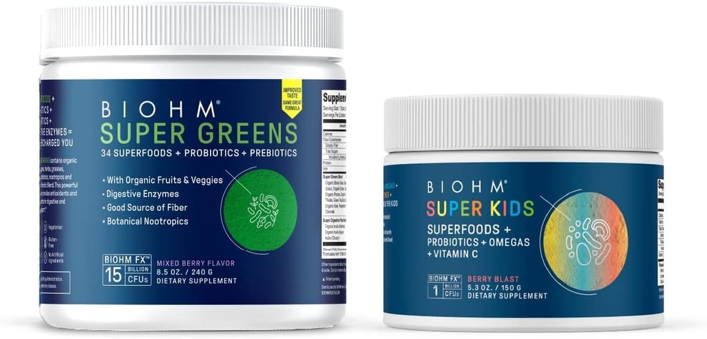 BIOHM Super Greens und Super Kids Bundle, Green Superfood Powder Antioxidant Veggies mit Kids Superfood Plus Probiotics, Berry Flavor, 30 Servierungen Jede