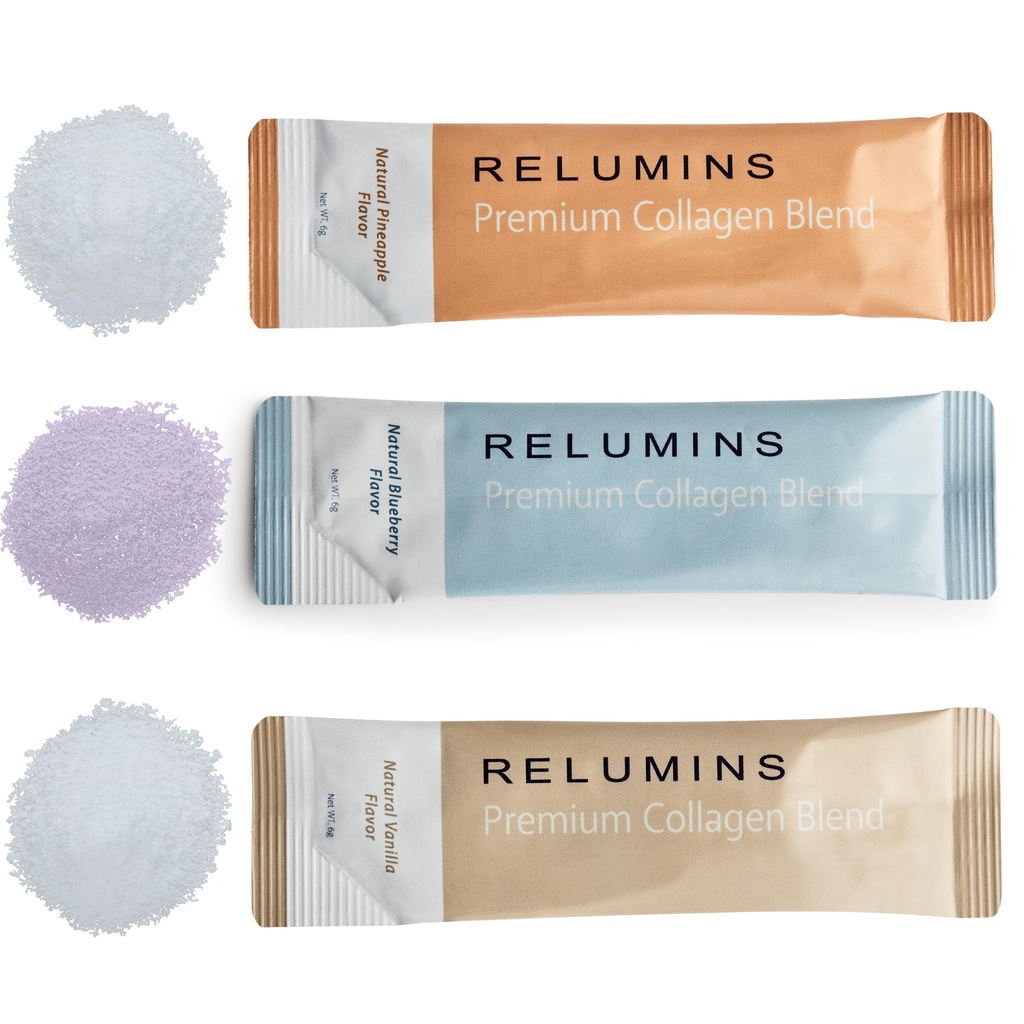 Relumins Marine Collagen Powder Drink Mix - Peptide di collagene con Glutathione, Tè verde, CoQ10, & Acido ialuronico Boosts Smooth Glowing Skin - 100 Sachets polvere x Mix aromatizzato