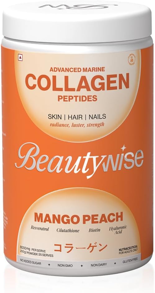 Polvere avanzata di proteine del collagene marino con acido ialuronico, Glutathione & Biotin | No Smell & Easy to Mix with No Aggiunto Zucchero 250G (Mango-Peach Pack di 1)