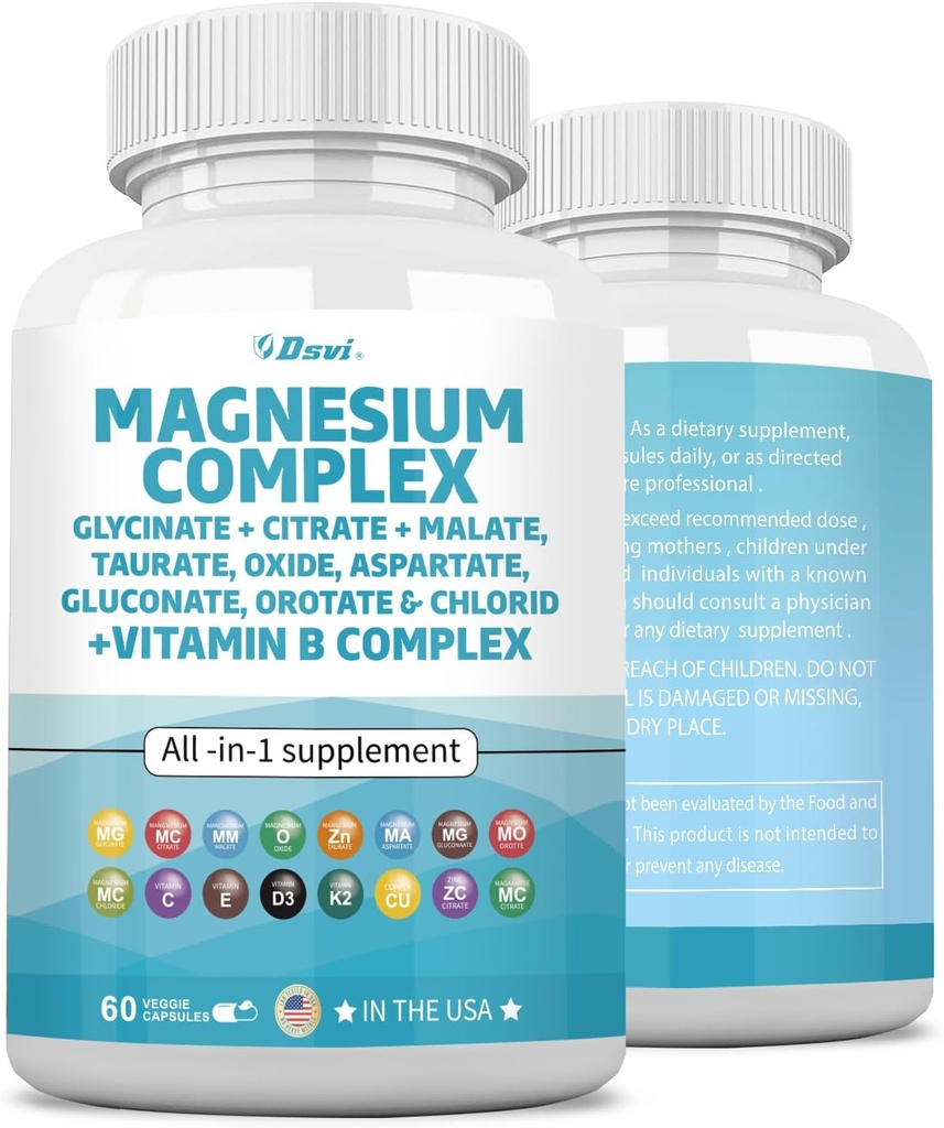60 Count Magnesium Complex 2285mg with Magnesium Glycinate Citrate Malate Oxide Taurate Aspartate Gluconate Orotate & Mag Chloride, Zinc Copper Manganese & Vitamin C B1 B2 B6 B12 Complex USA