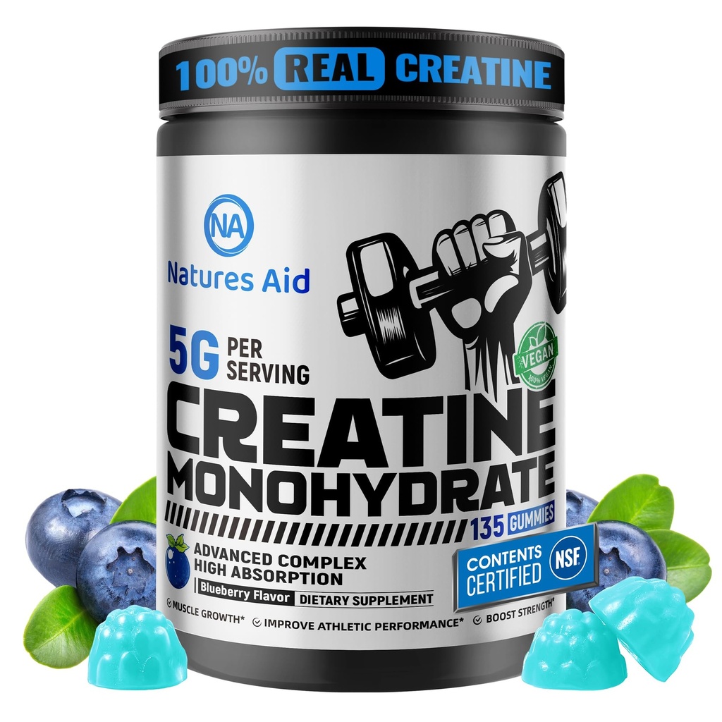 Natures Aid NSF Certified Creatine Gummy 5g - Creatine Monohydrate Gummis – Pre-Workout Energie & Muskel-Wachstum Unterstützung für Männer & Frauen | Blueberry Elektrolyte Gummis (135 Zähler)