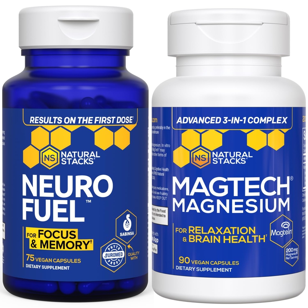NATURAL STACKS MagTech Magnesium + NeuroFuel Nootropic Bundle - Supporta Rilassamento, Focus & Brain Health* - 165 Capsule Totali