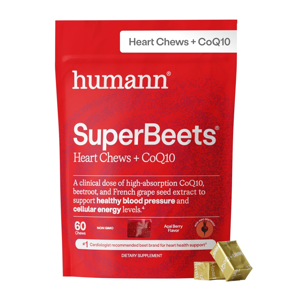 humanN SuperBeets Heart Chews Advanced - 100mg de CoQ10 Plus Extrait de betterave et de graines de raisin, 60 Compte