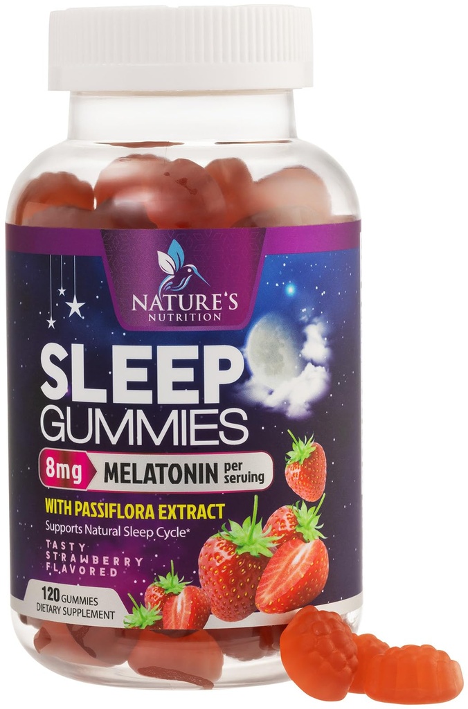 Schlafgummis für Erwachsene Extrastärke 8mg - Melatonin mit Passiflora-Extrakt für erholsamen Schlaf - Fast Acting Melatonin Sleep Gummy Supplement, Vegan, Non-GMO, Tasty Strawberry Flavor - 120 Gummis