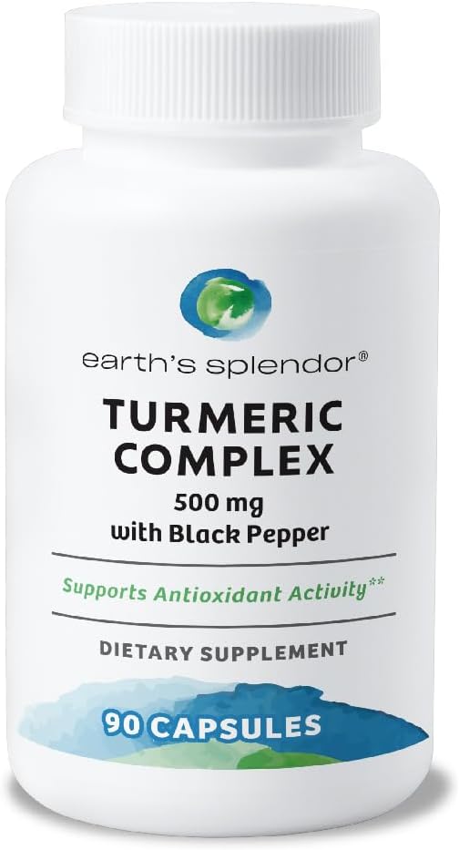Earth's Splendor Turmeric Complex 500mg mit schwarzem Pfeffer, 90 Kapseln - Unterstützt antioxidative Aktivität und gemeinsame Gesundheit* - 1,5 Monate Versorgung