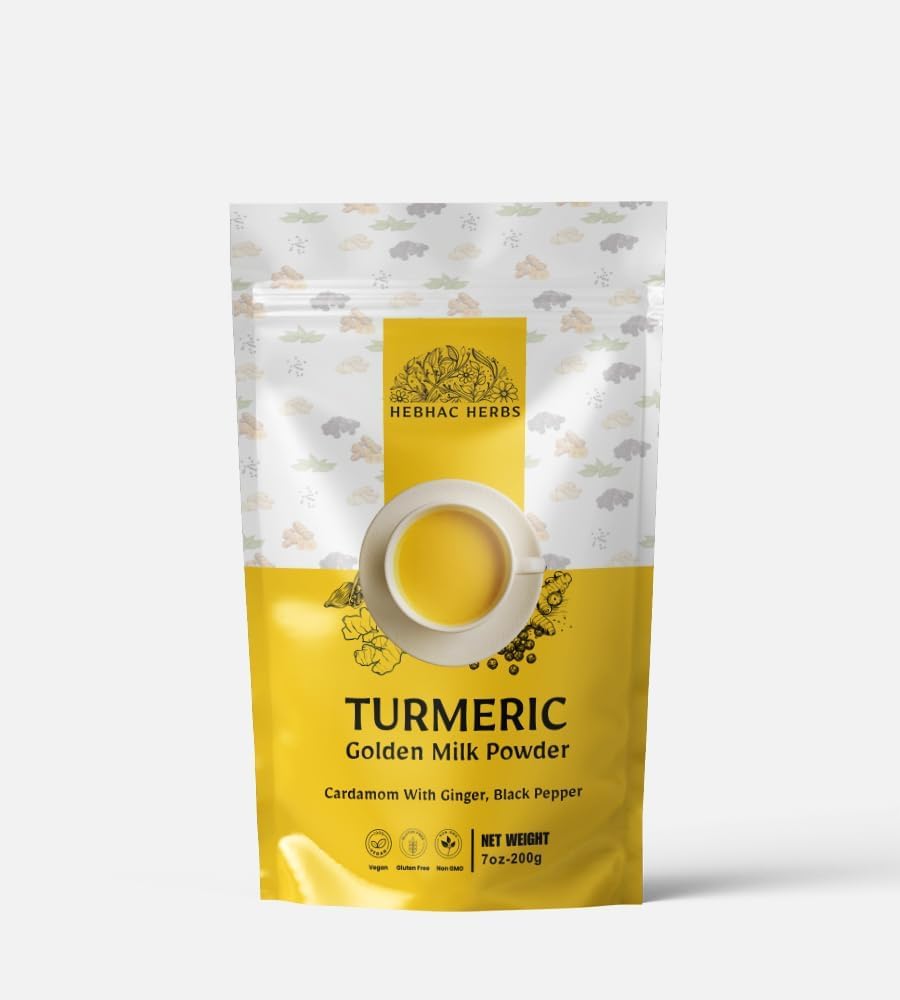 Polvere di latte dorato curcuma - 200g, miscela di curcuma, pepe nero, zenzero, cardamomo e zucchero di canna da erbe ebhac