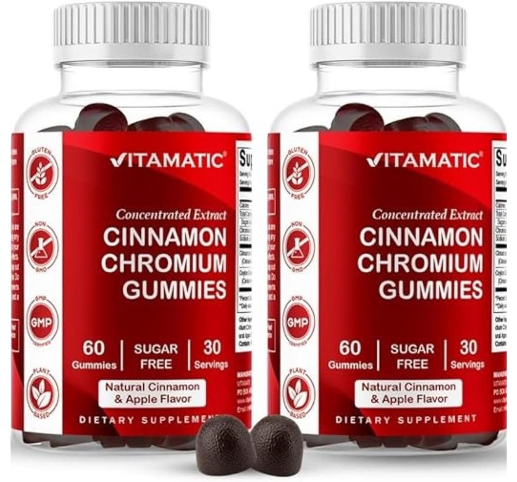 Vitamatic Sugar Free Chromium Gummis mit Ceylon Cinnamon – 2000 mg Equivalent Per Serving (aus Extrakt 83 mg) – Non-GMO, Glutenfrei – 60 Vegan Gummis – 2 Pack