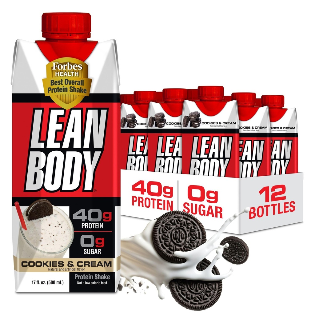 Lean Body Ready-to-Drink Cookies and Cream Protein Shake, 40g Protein, Whey Blend , 0 Sugar, Gluten No, 22 Vitamine & Minerali, (Cartone riciclabile & Lid - Confezione da 12) LABRADA , 17 Fl Oz (Pack of 12)
