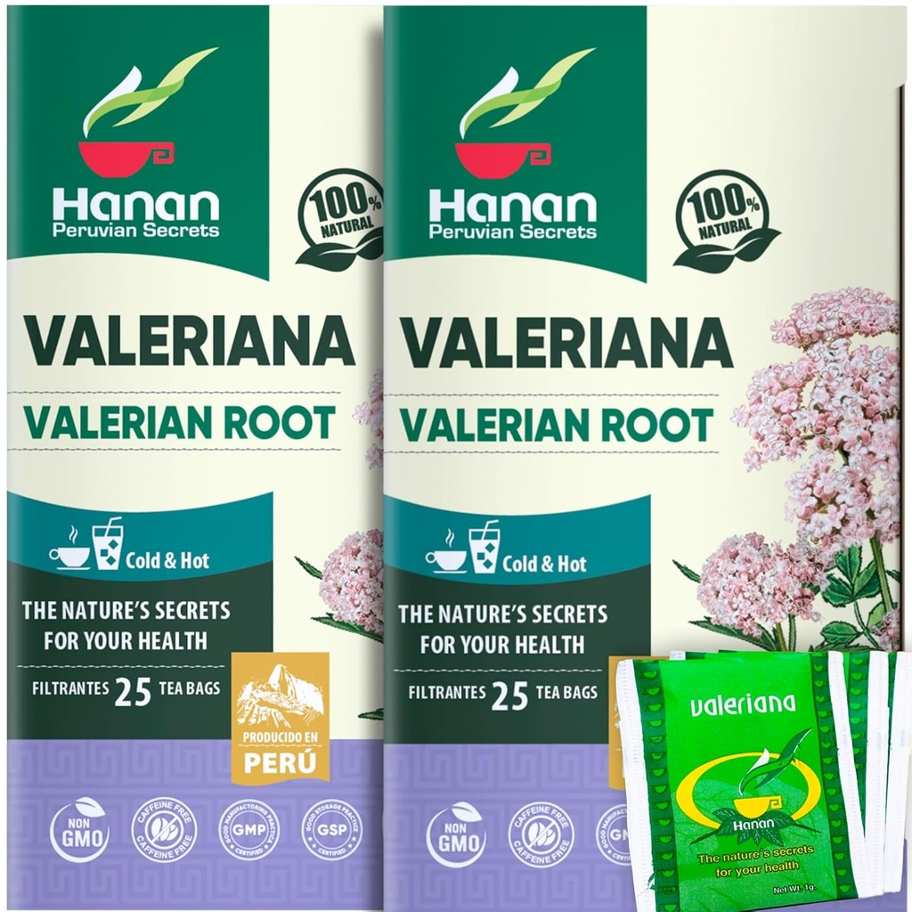 Hanan Valerian Root Tea for Bedtime (50 Sacs) - Te de Valeriana, Thé de nuit à base de plantes - 100% Pure, Sans caféine, Sans OGM, Herbe du Pérou - Pack de 2 Boîtes