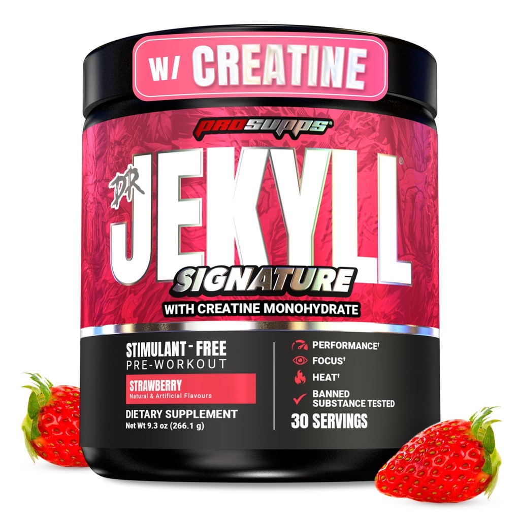 ProSupps Dr. Jekyll Signature Pre Workout Powder con Creatina - Stim-Free Preworkout Supports Focus & Endurance - Caffeina-Free Gym & Fitness Supplements (Strawberry, 30 Servings)