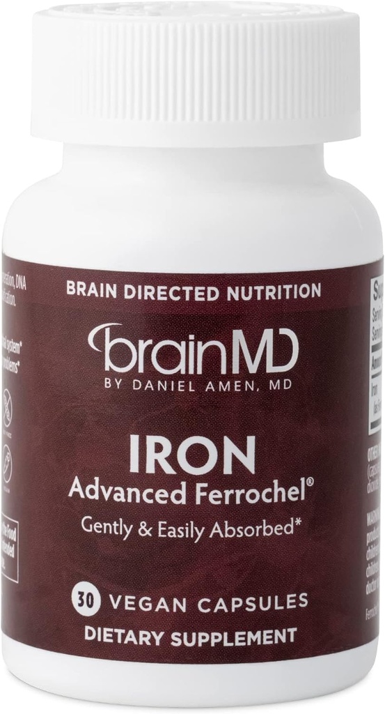 BRAINMD Dr Amen Iron - 30 Capsules - Supports Energy Production, Cognitive Function & Gene Regulation - Gentle & Easily Absorbed - Gluten Free - 30 Servings