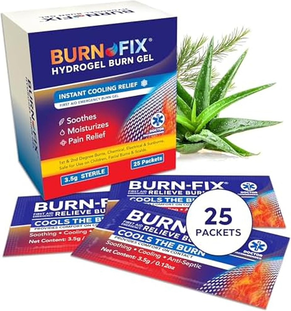 BurnFix® Hydrogel Burn Gel Packets – 3,5 g Crème apaisante de premiers soins pour un soulagement instantané des brûlures mineures, des brûlures du soleil et des calandres │ Kit d'urgence idéal essentiel (paquet de 25)