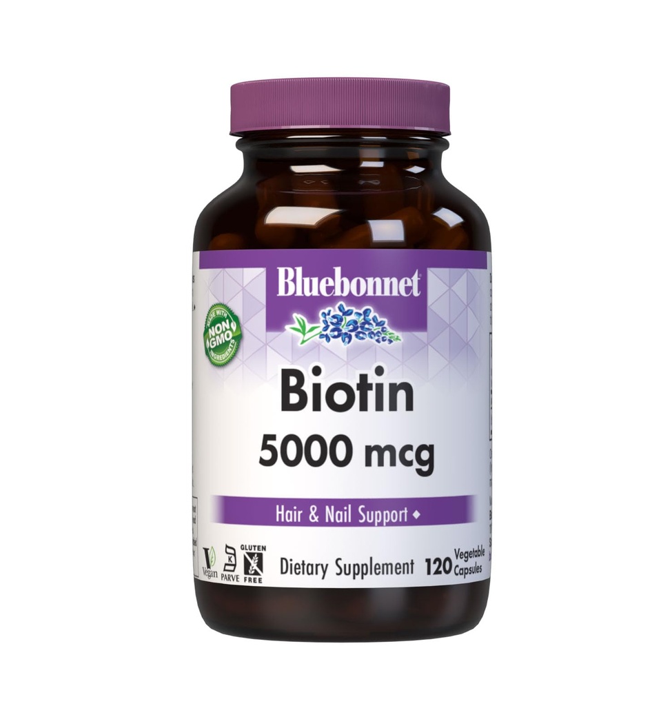Bluebonnet Nutrition Biotin 5000 mcg, Hair & Nail Support*, Non-GMO, Vegan, Kosher Certified, Glutenfrei, Sojafrei, Dairy-Free, 120 Gemüsekapseln, 120 Portionen