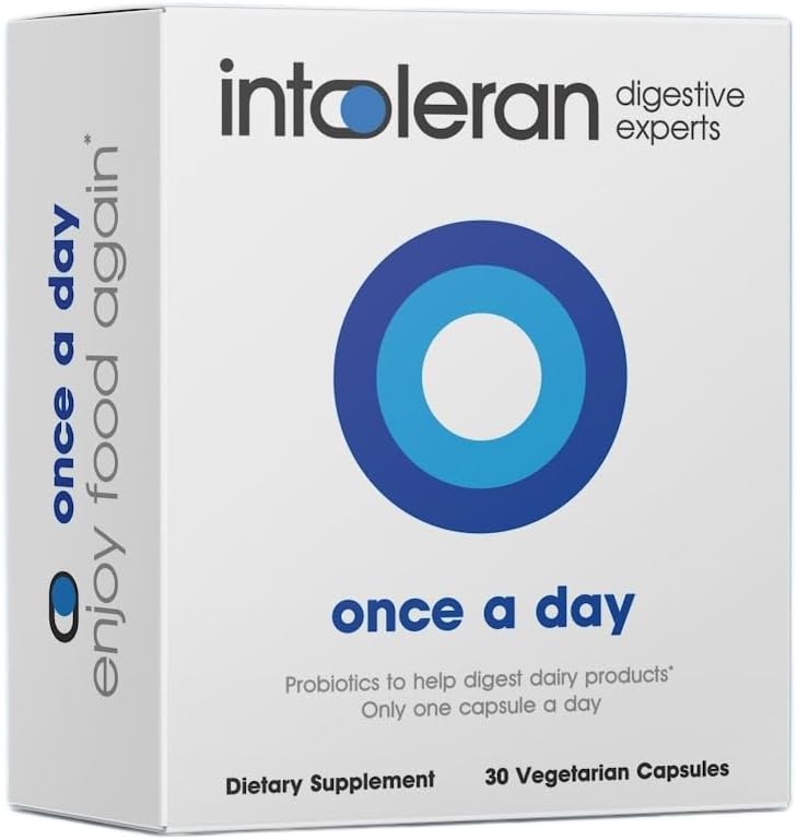 Intoleran Una volta al giorno - 30 capsule | Integratore di intolleranza al lattosio probiotico | Produce attivamente Lactase Enzyme & aiuta Digest Dairy | 1 capsula al giorno | 6 Fermenti di acido lattico | Pure & Dairy Free