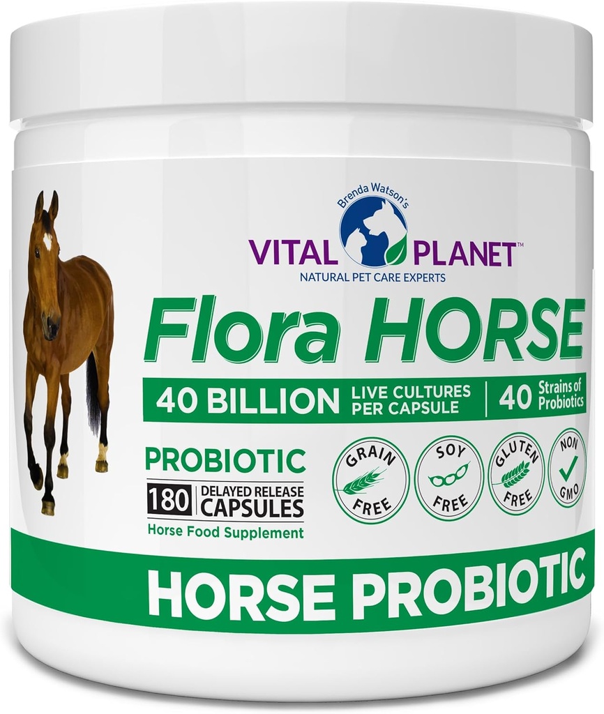 Vital Planet - Flora Horse Probiotici, Probiotici Equine ad alta potenza con Prebiotici, 40 miliardi di CFU dal vivo da Strains multipli, Supporto Digestivo e Immune, 180 capsule di rilascio ritardate (180 giorni)